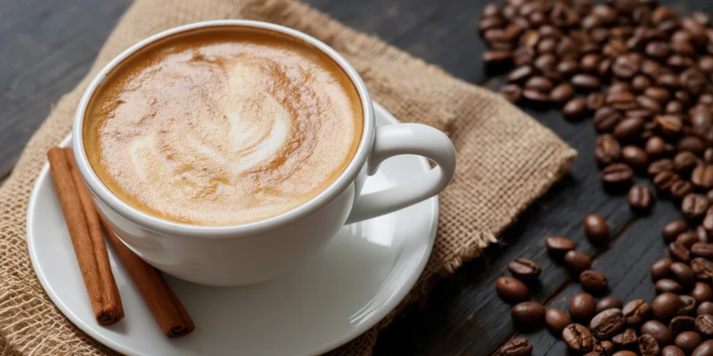 White ceramic cup of latte with leaf art on saucer beside cinnamon sticks and coffee beans on burlap and dark wood table