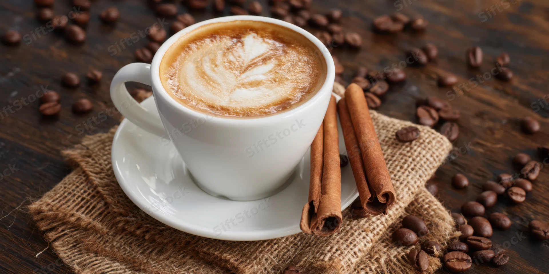 White ceramic cup of latte with leaf foam art on saucer beside cinnamon sticks and coffee beans on burlap over wooden table