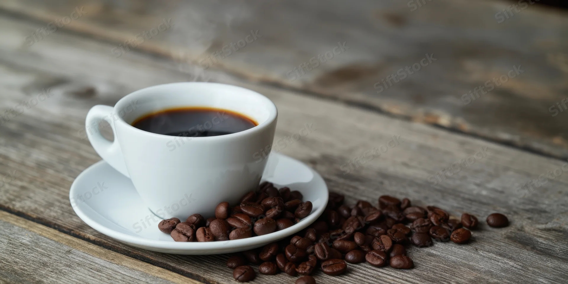 Steaming black coffee in a white ceramic cup on a wooden table with scattered coffee beans