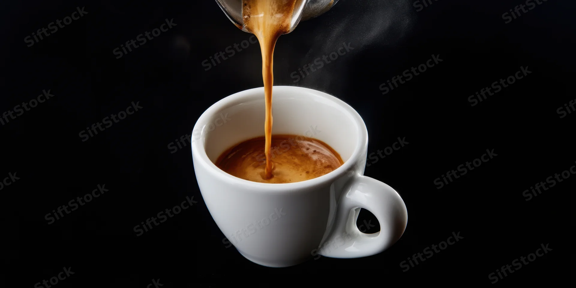 Coffee pouring into a white ceramic espresso cup with crema against black background