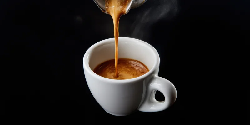 Coffee pouring into a white ceramic espresso cup with crema against black background