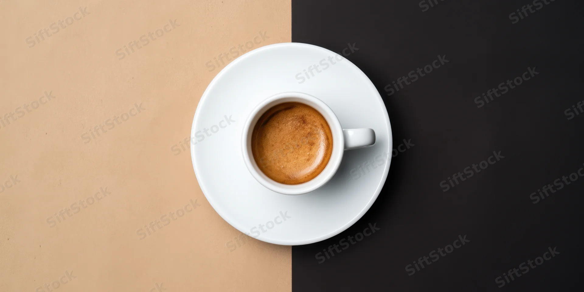 White espresso cup with crema on saucer centered on split beige and black background