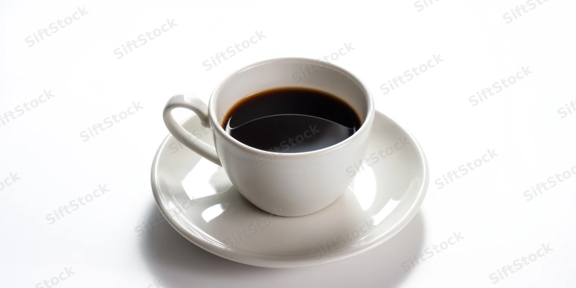 White porcelain coffee cup filled with dark coffee on saucer against white background