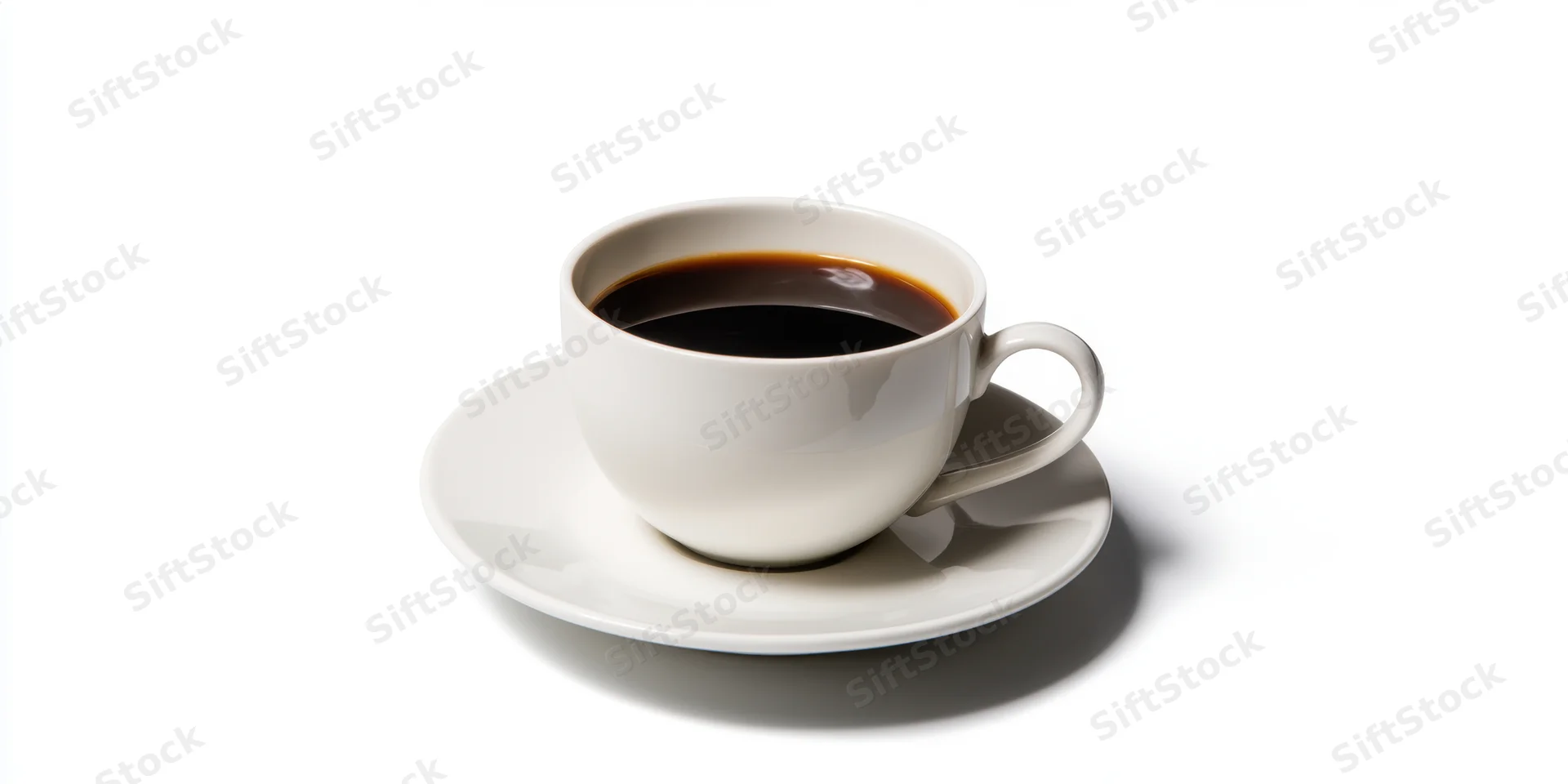 White porcelain coffee cup filled with dark coffee on saucer against white background