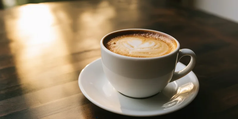 White porcelain cup of cappuccino with latte art on wooden table in morning sunlight