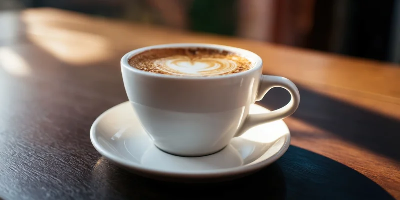 White porcelain cup of cappuccino with heart-shaped latte art on wooden table in sunlight