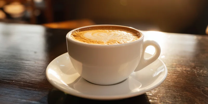 Cappuccino in a white porcelain cup with latte art on a wooden table in warm sunlight