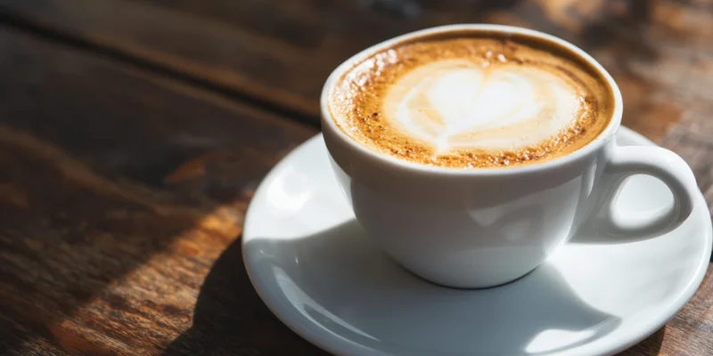 White porcelain cup of cappuccino with heart-shaped latte art on wooden table in sunlight