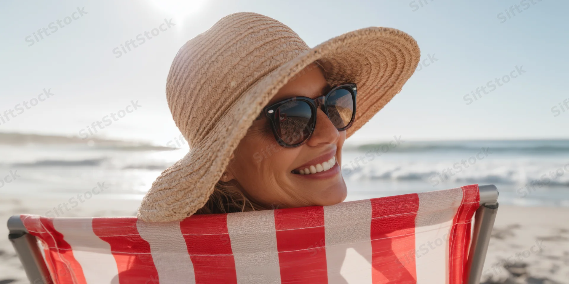 Woman smiling while lounging in a red and white striped deckchair on a sunny beach