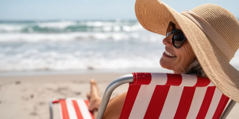 Woman smiling while reclining in a red and white striped beach chair by the ocean