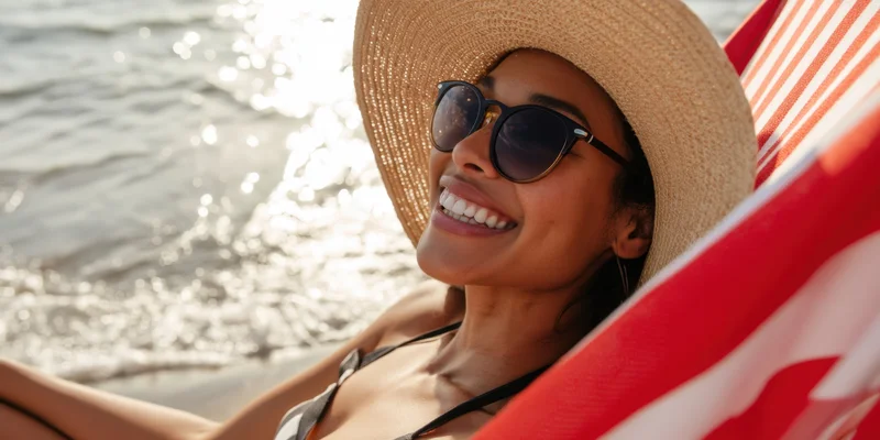 Woman smiling while lounging on a striped beach chair by the ocean