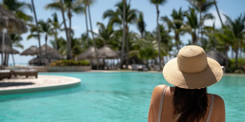 Woman in straw hat facing turquoise pool at tropical resort