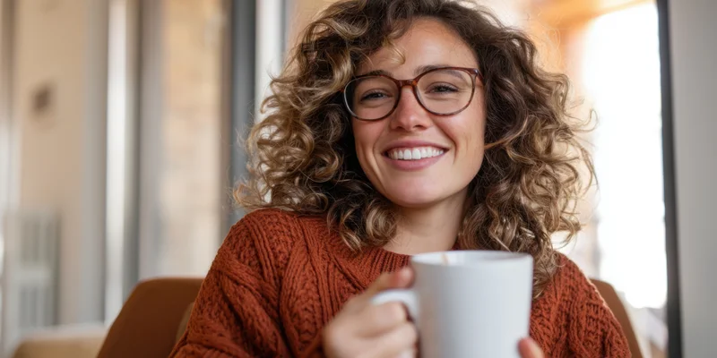 Woman smiling while holding a white mug indoors