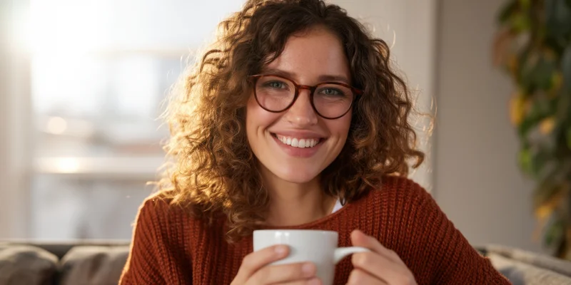 Woman smiling while holding a mug indoors on a sofa