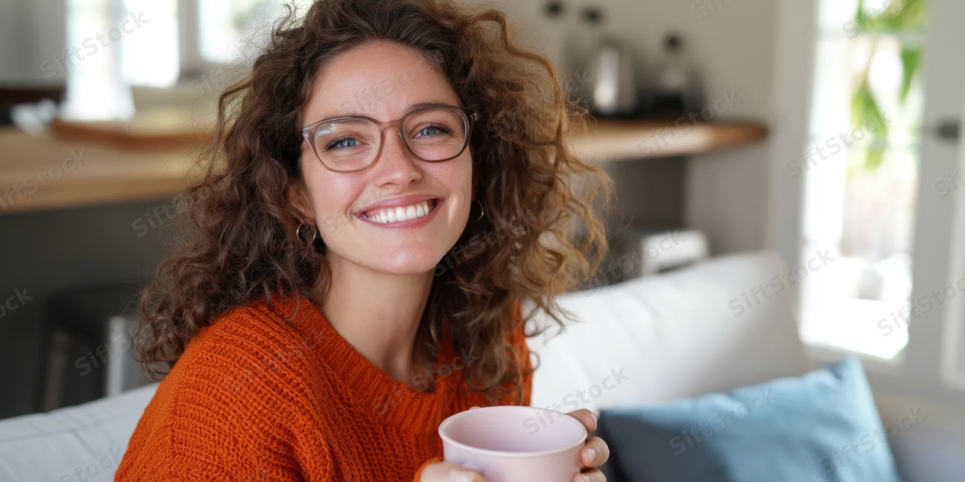Woman smiling while holding a mug on a couch in a bright living room