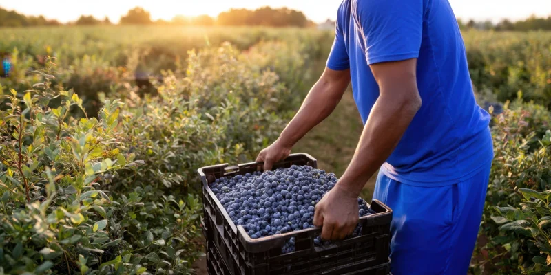 Man stacking black crates filled with blueberries in a sunlit field
