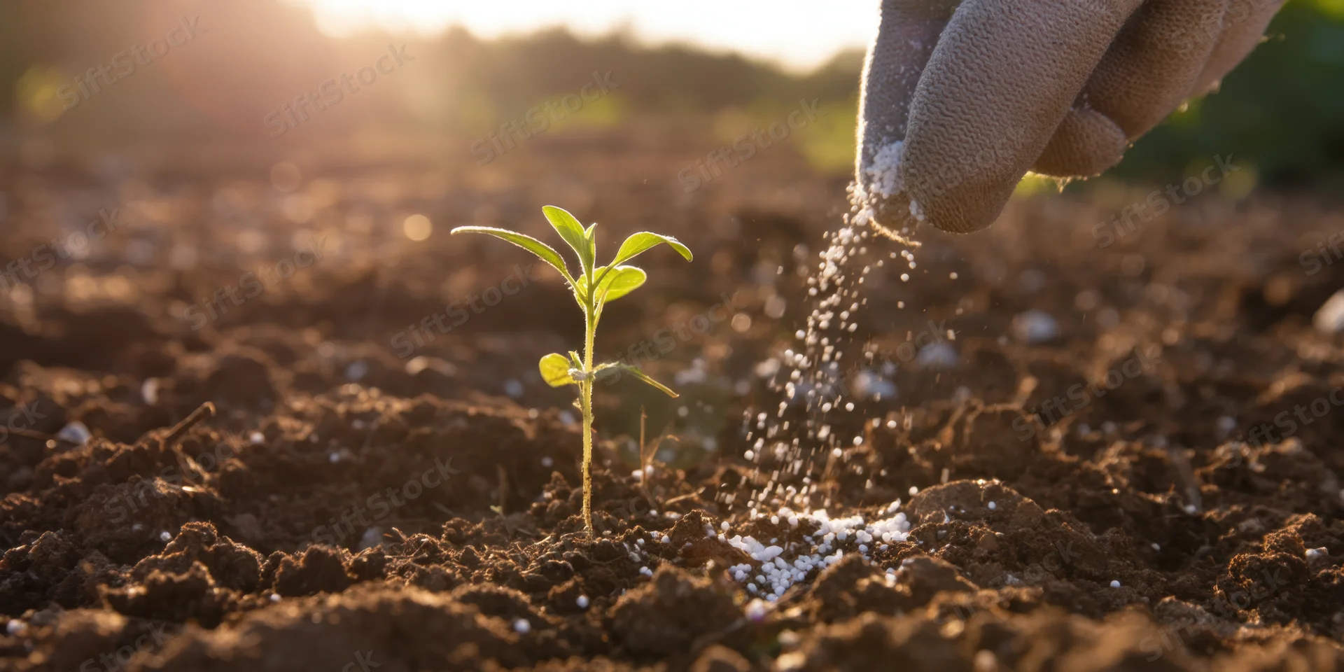 Gloved hand sprinkling fertilizer onto a young seedling in rich soil at sunrise