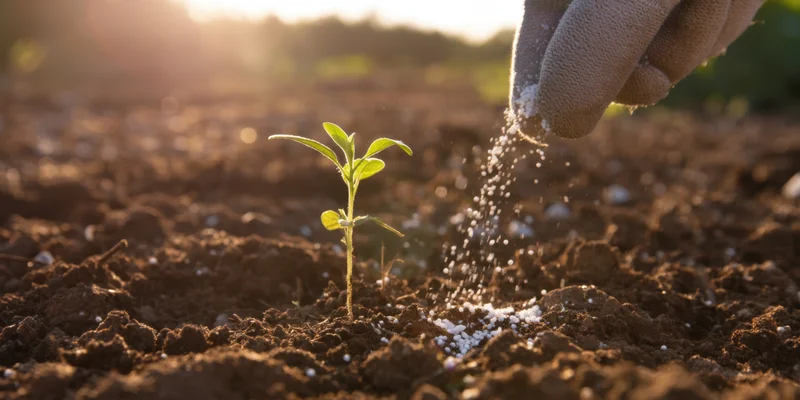 Gloved hand sprinkling fertilizer onto a young seedling in rich soil at sunrise