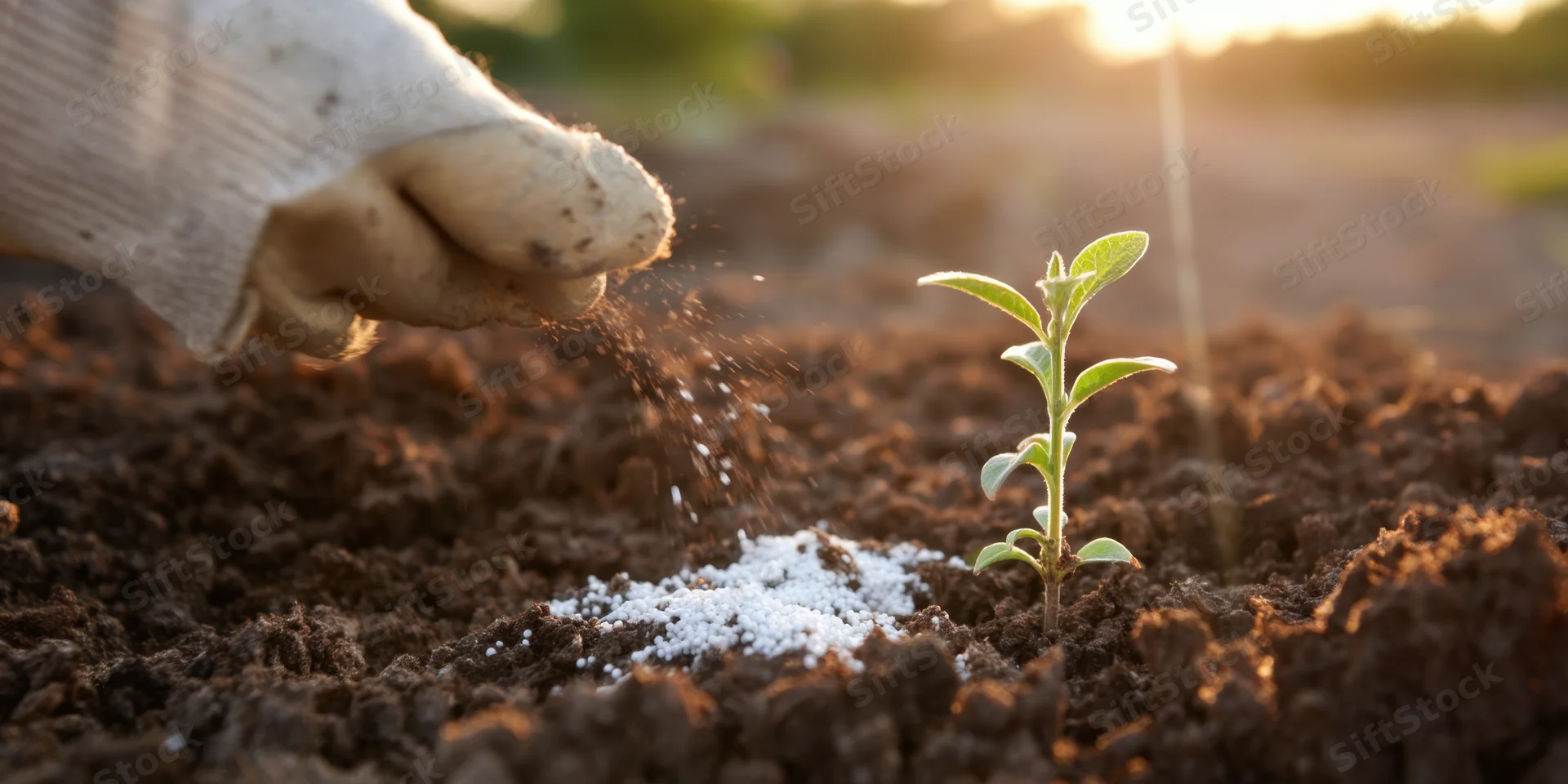 Gloved hand applying fertilizer to a young seedling in rich soil at sunrise