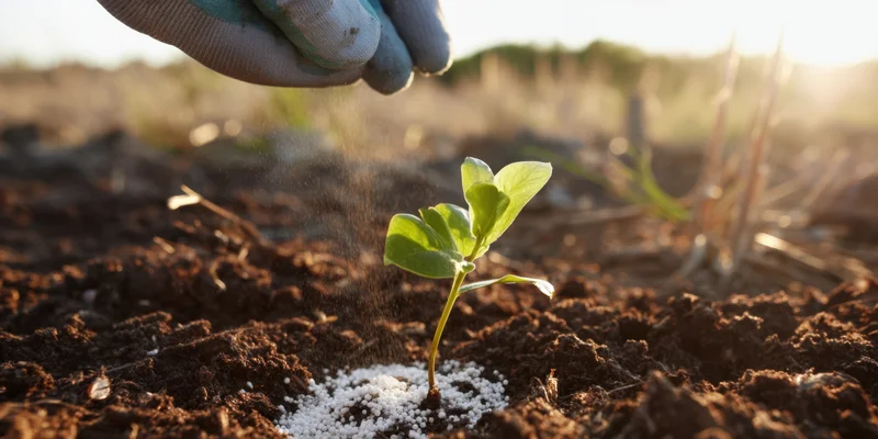 Gloved hand sprinkling fertilizer onto a young seedling in rich soil
