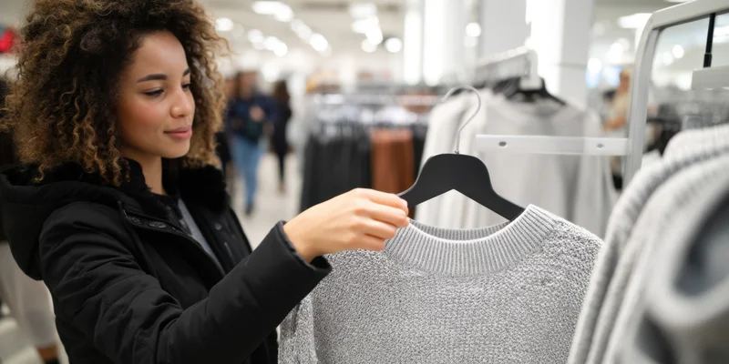 Young woman examining a gray sweater on a hanger in a clothing store