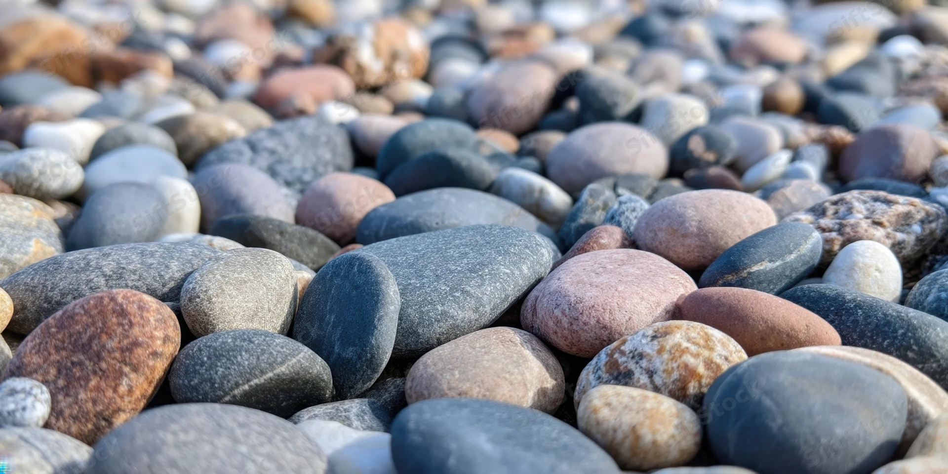 Close-up of smooth rounded pebbles scattered across a beach surface