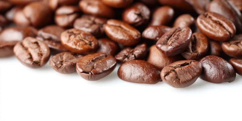 Roasted coffee beans scattered across a white surface with copyspace