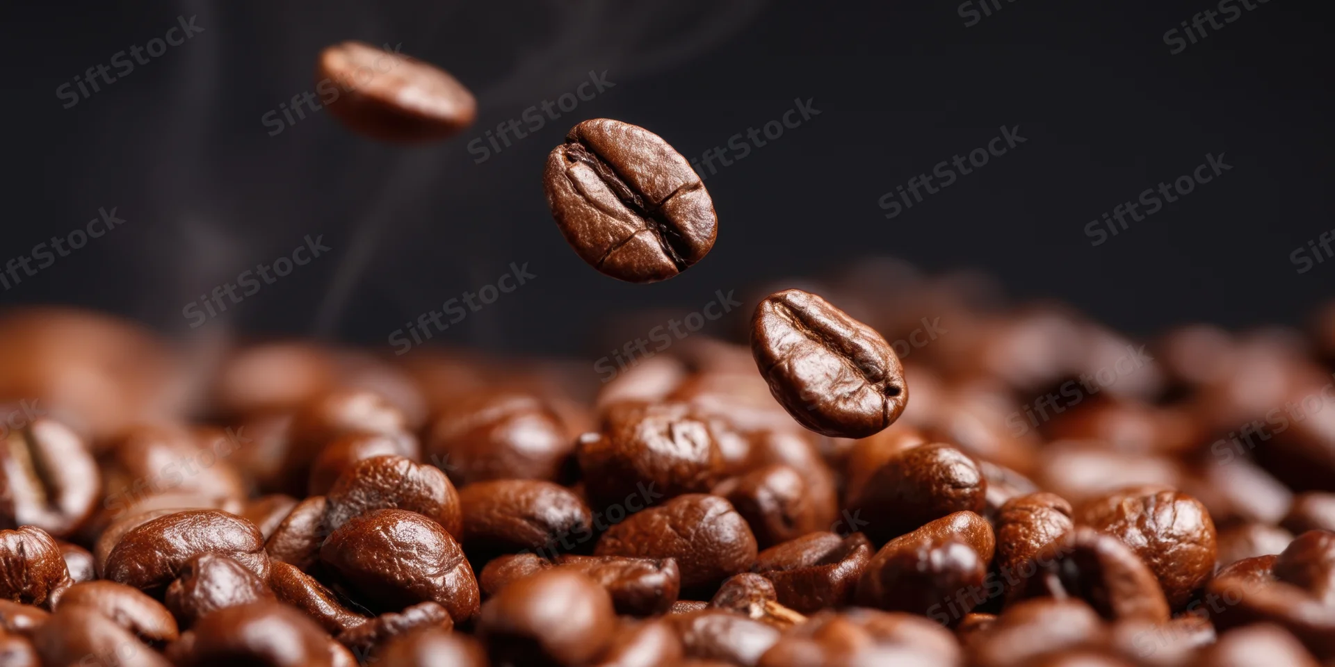 Roasted coffee beans falling in midair above a pile with steam rising against dark background