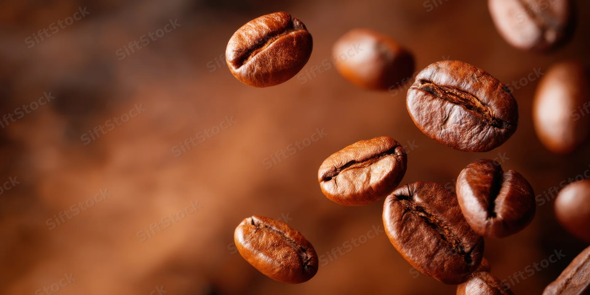 Roasted coffee beans floating in warm smoky air against a blurred brown background