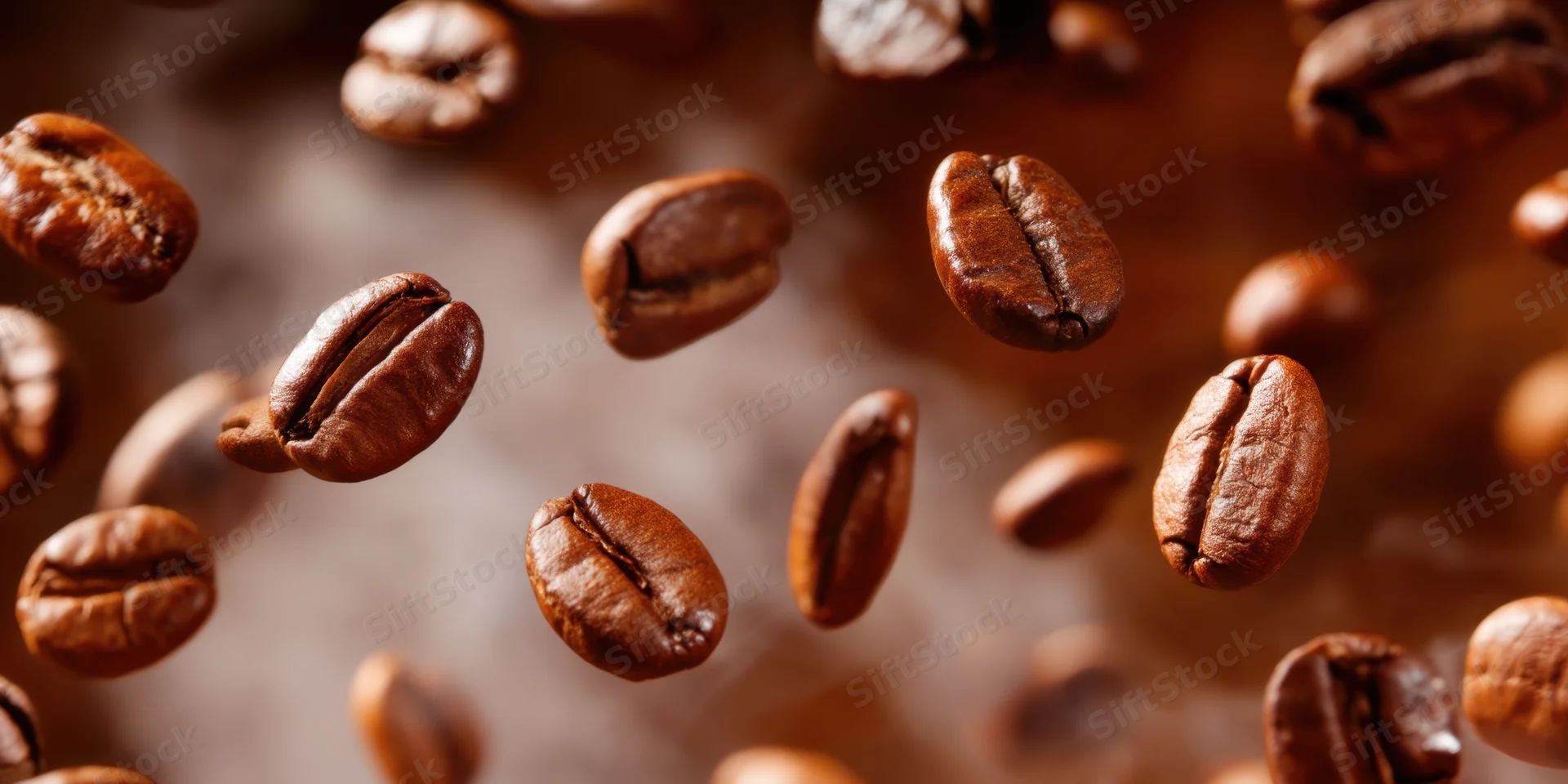 Roasted coffee beans floating in warm smoke, close-up view