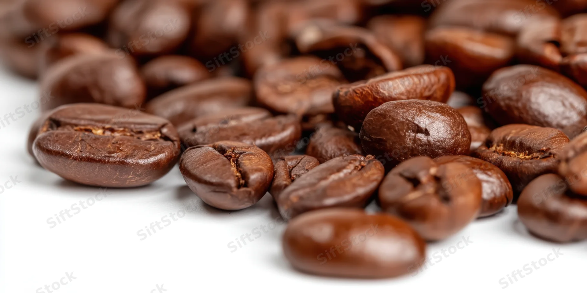 Roasted coffee beans scattered on a white background
