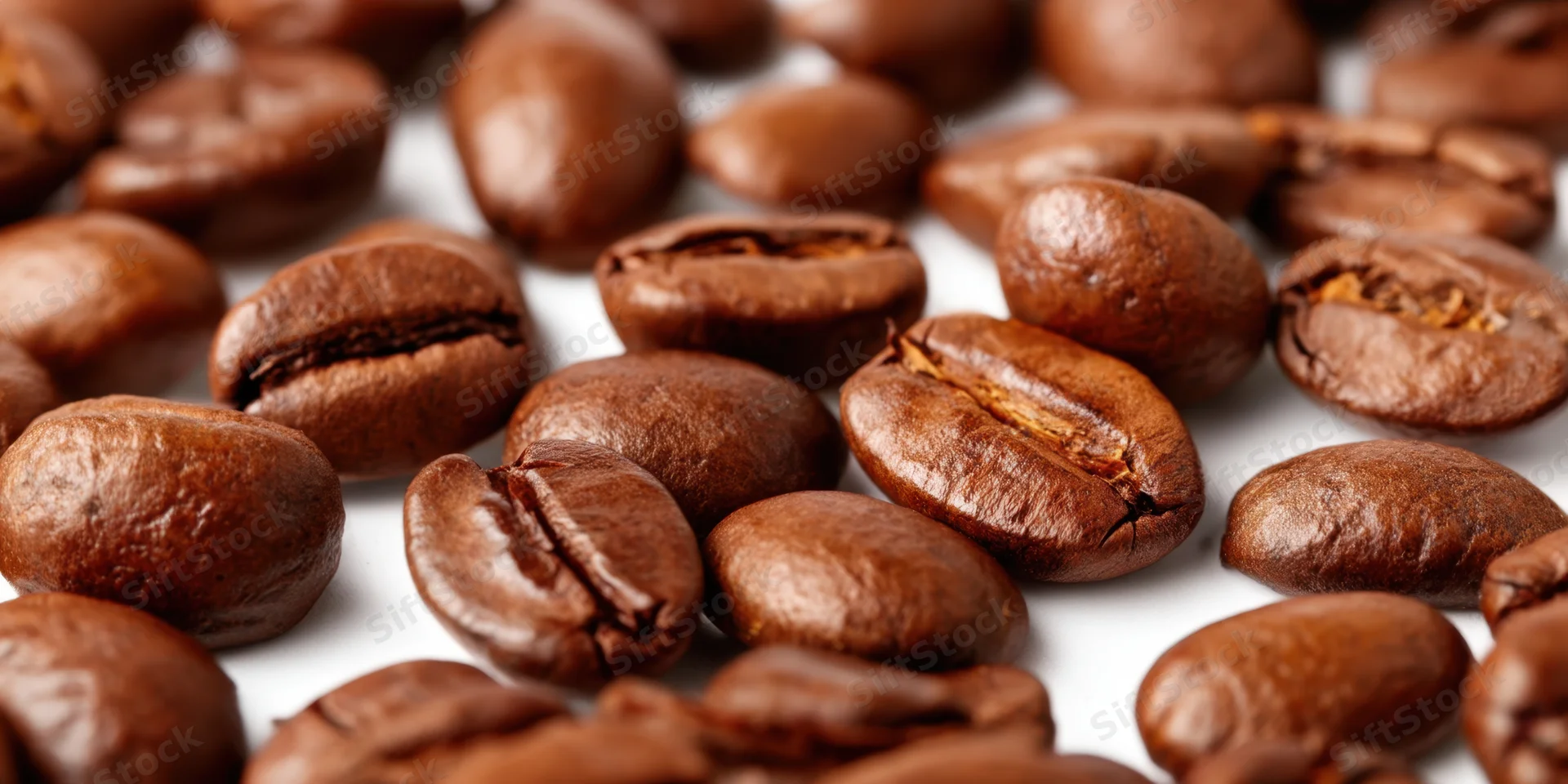 Roasted coffee beans scattered on a white background in closeup view