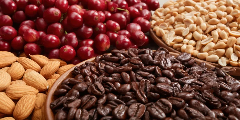 Roasted coffee beans in a wooden bowl surrounded by cranberries, peanuts, and almonds on a table
