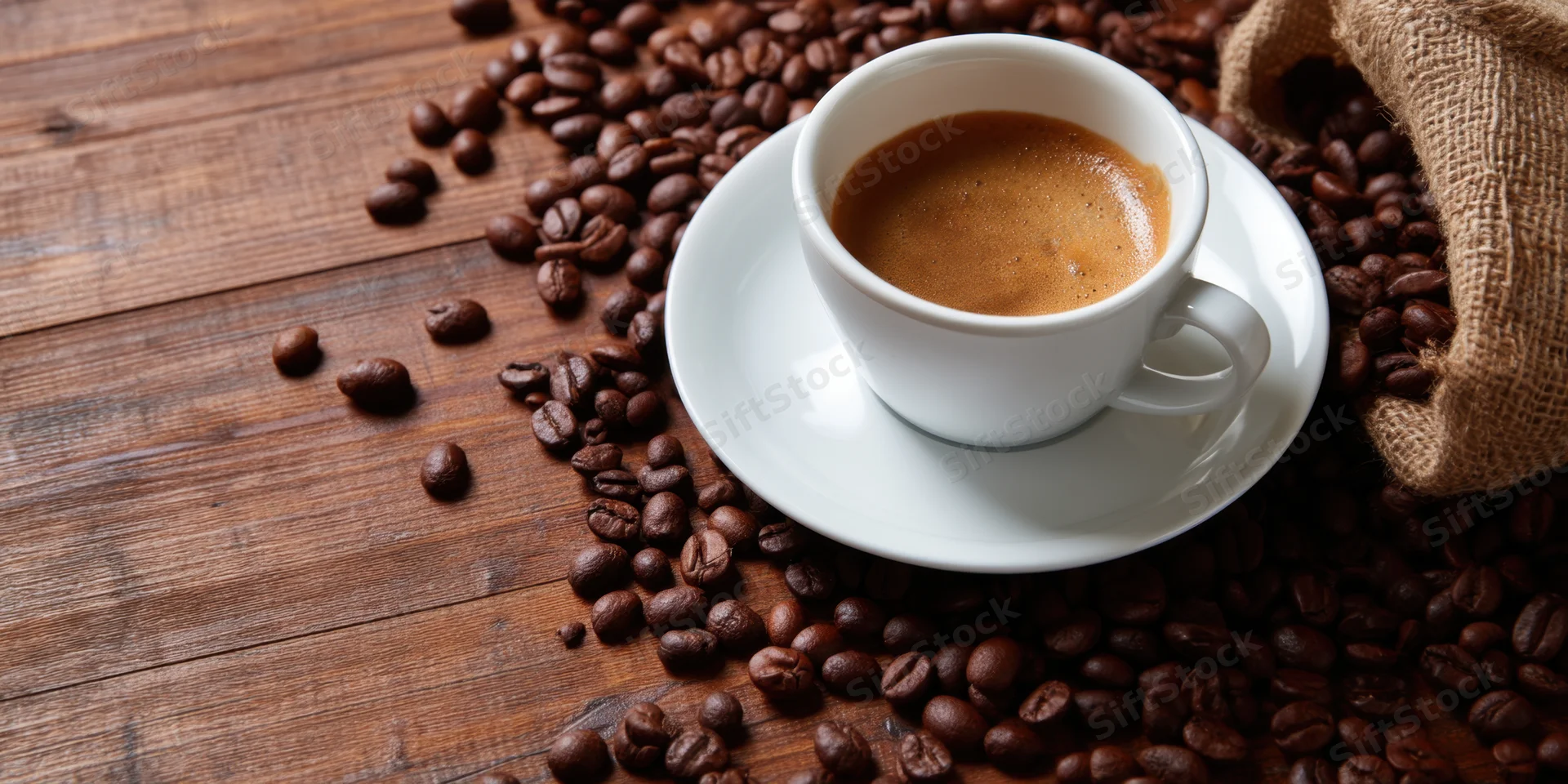 White cup of espresso with crema on saucer surrounded by roasted coffee beans on wooden table near burlap sack