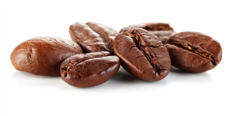 Closeup of six roasted coffee beans arranged on a white surface