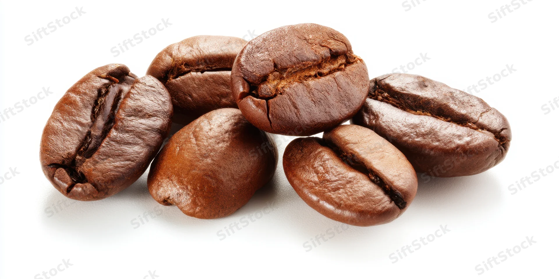 Six roasted coffee beans arranged in a cluster on a white background