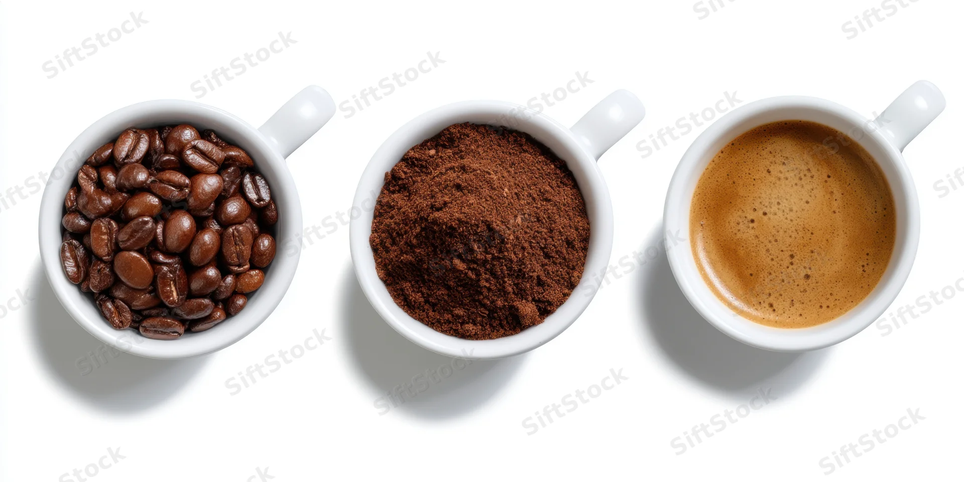 Three white cups in a row each containing coffee beans, ground coffee, and brewed coffee on a white background