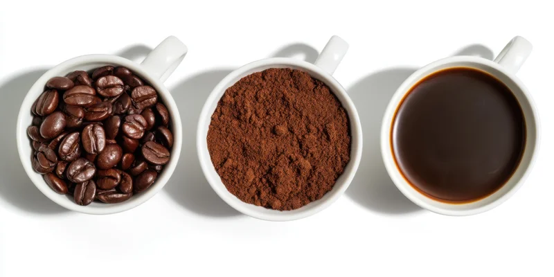 Three white cups in a row each containing coffee beans, ground coffee, and brewed coffee on a white background