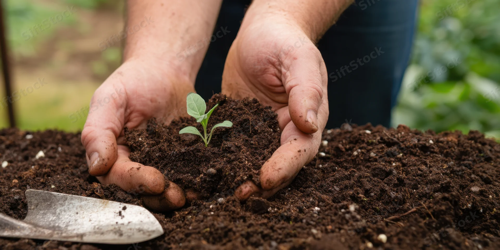 Hands planting a small seedling in rich dark soil with a trowel nearby