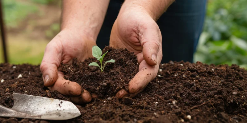 Hands planting a small seedling in rich dark soil with a trowel nearby