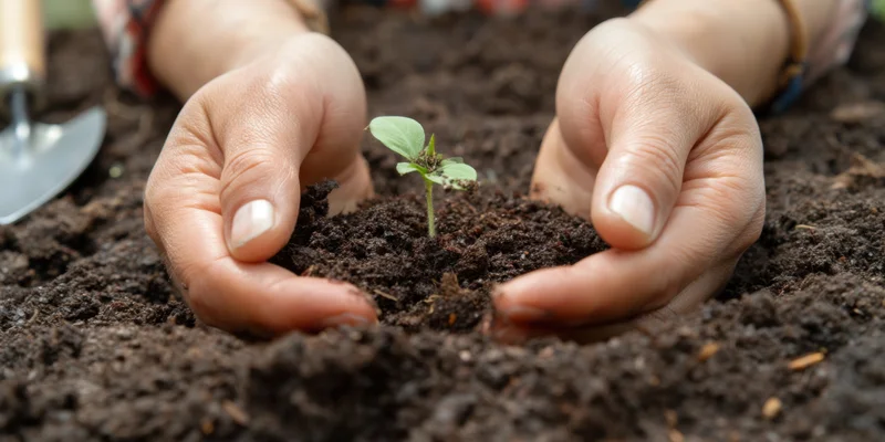 Hands planting a small seedling in rich dark soil