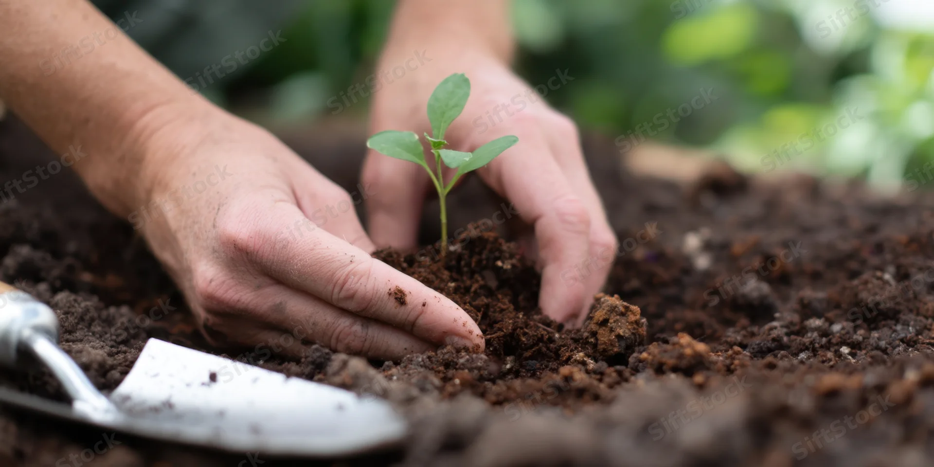 Hands planting a small seedling in rich dark soil with a trowel nearby