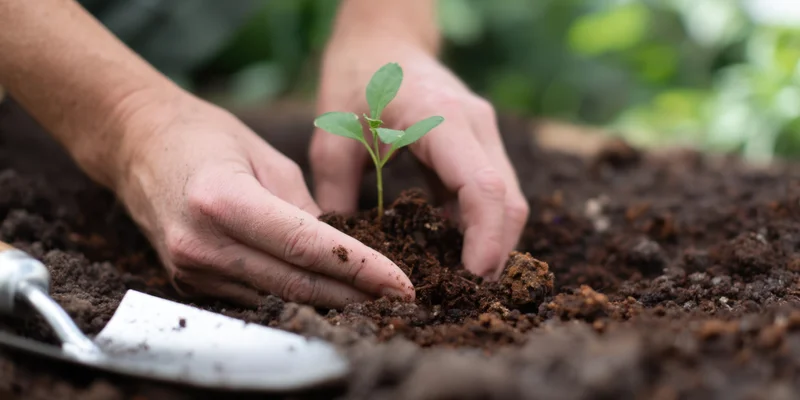 Hands planting a small seedling in rich dark soil with a trowel nearby