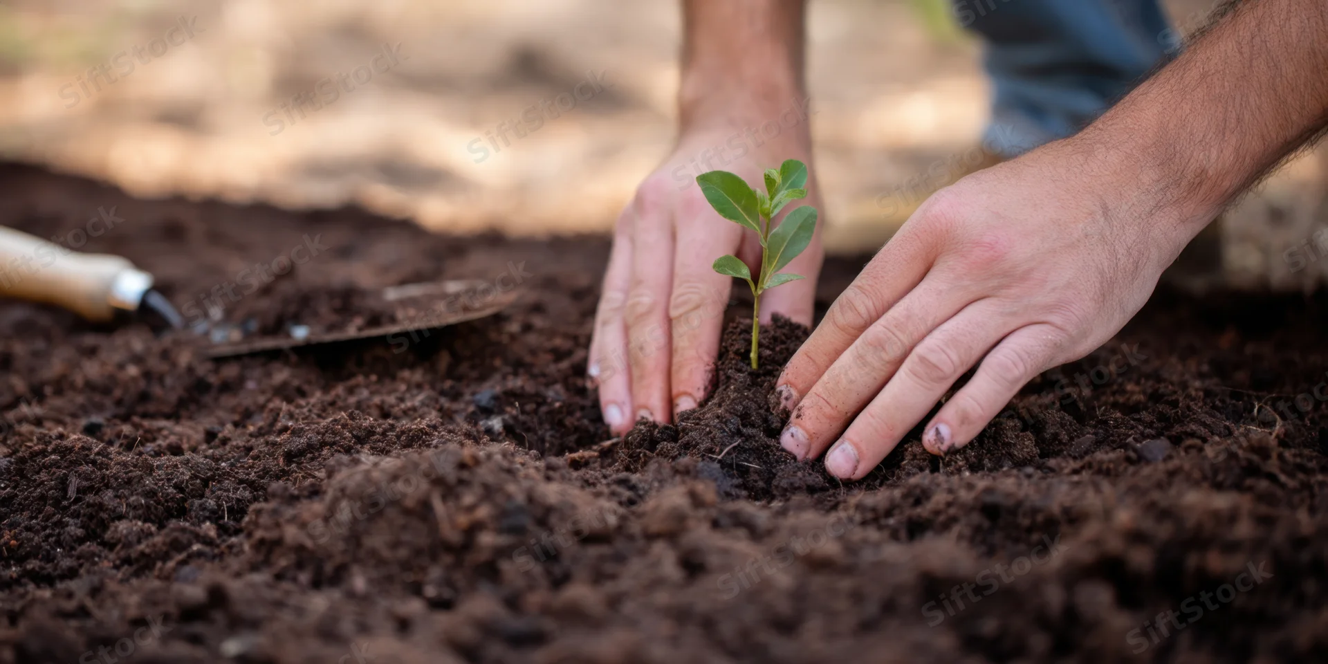 Hands planting a small seedling in rich dark soil outdoors