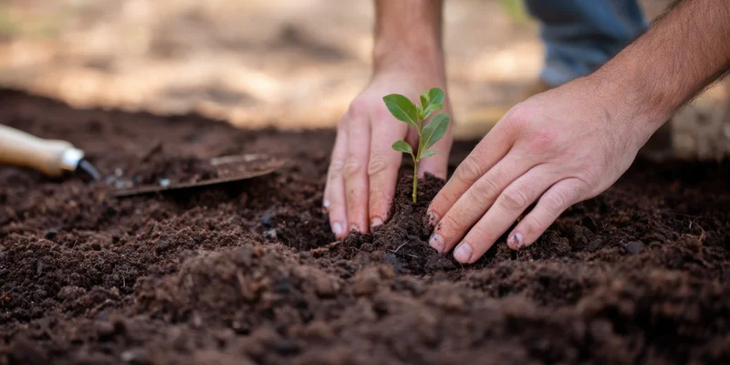 Hands planting a small seedling in rich dark soil outdoors