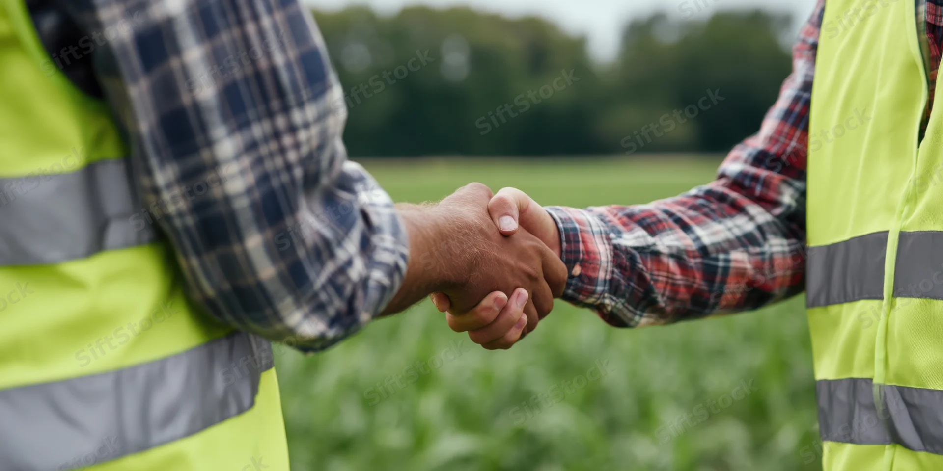 Two farmers shaking hands in a green field wearing plaid shirts and safety vests