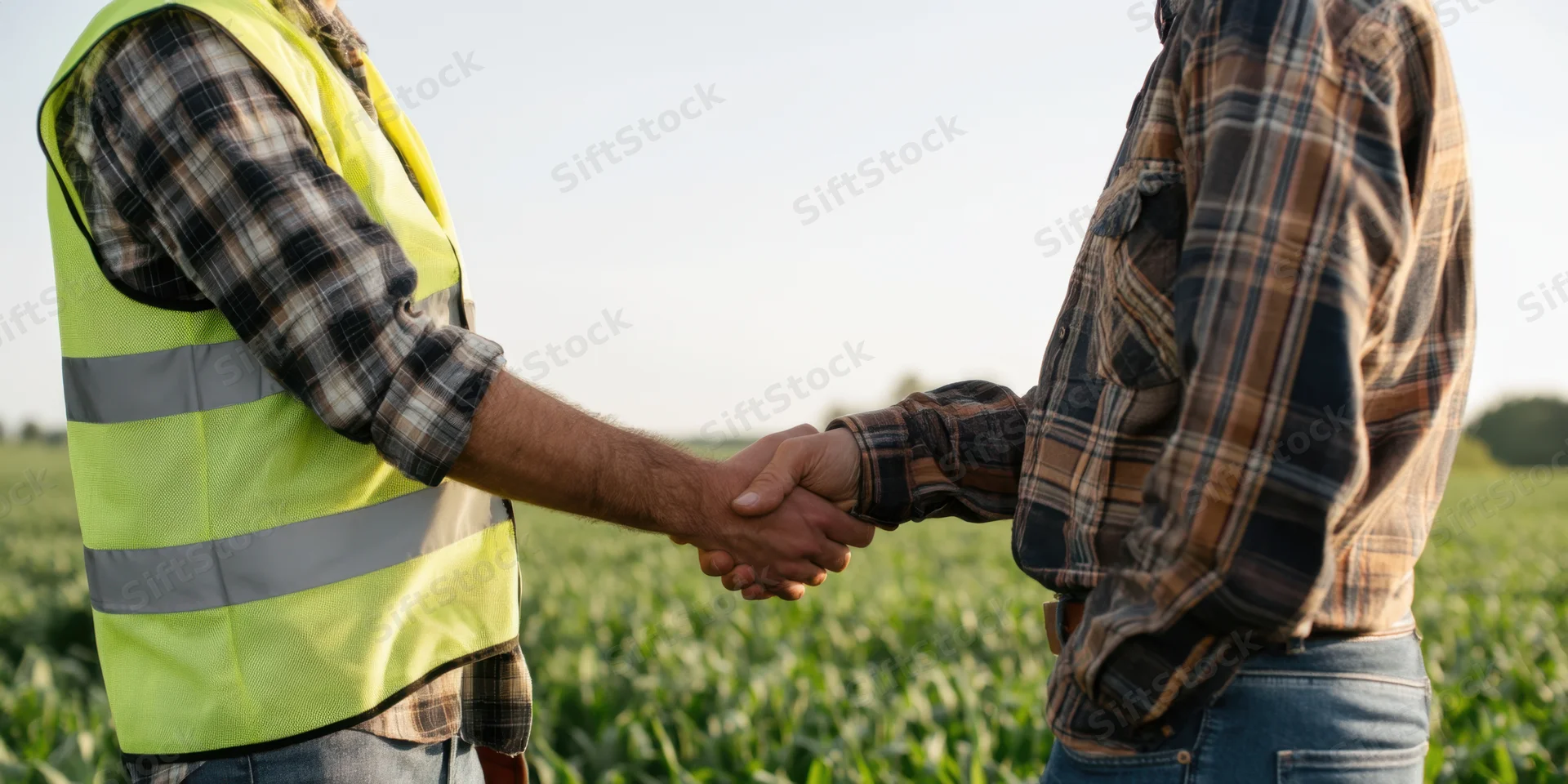Two men shaking hands in a cornfield wearing plaid shirts and a safety vest