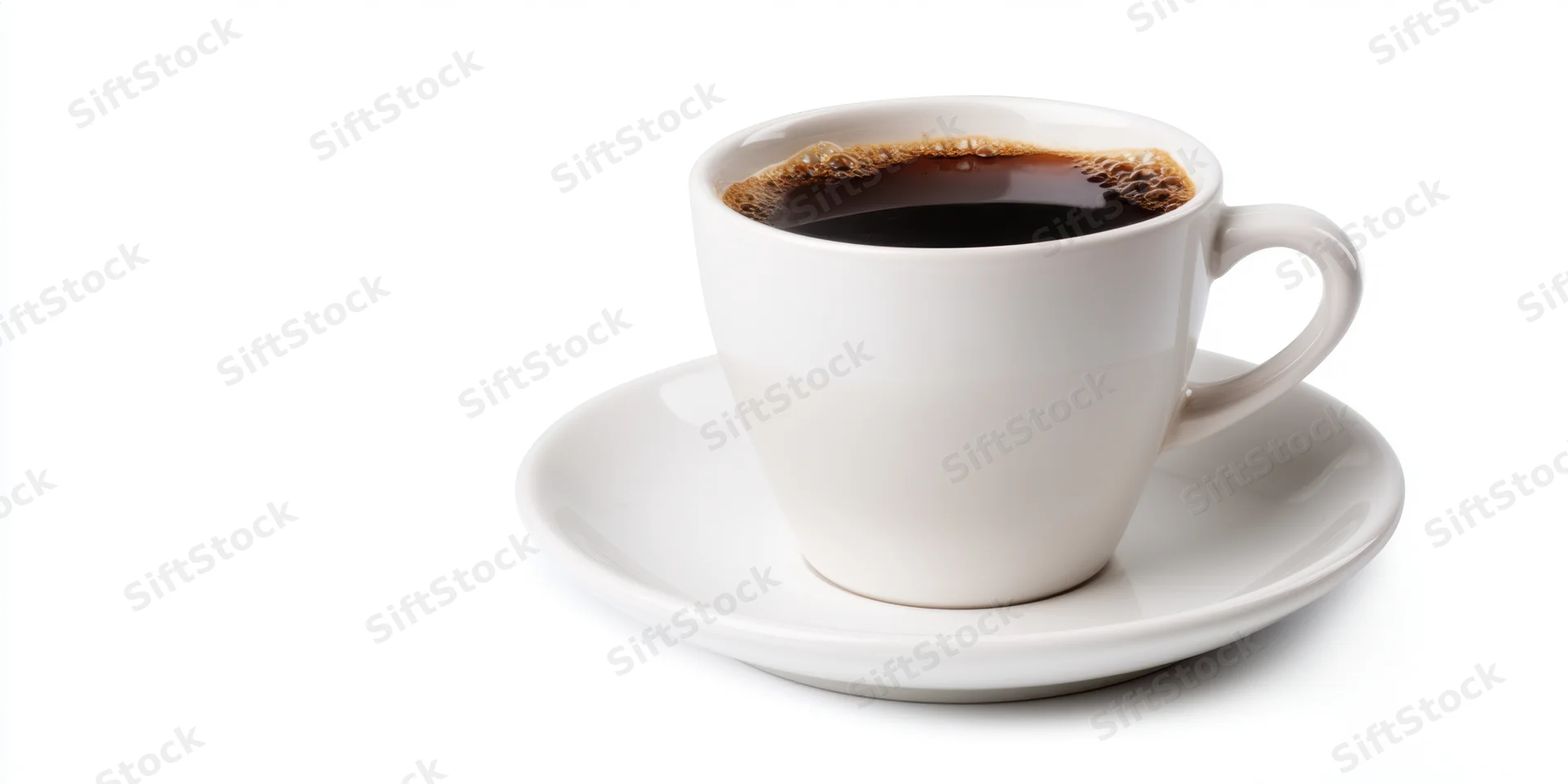 White ceramic coffee cup filled with dark coffee on matching saucer against white background