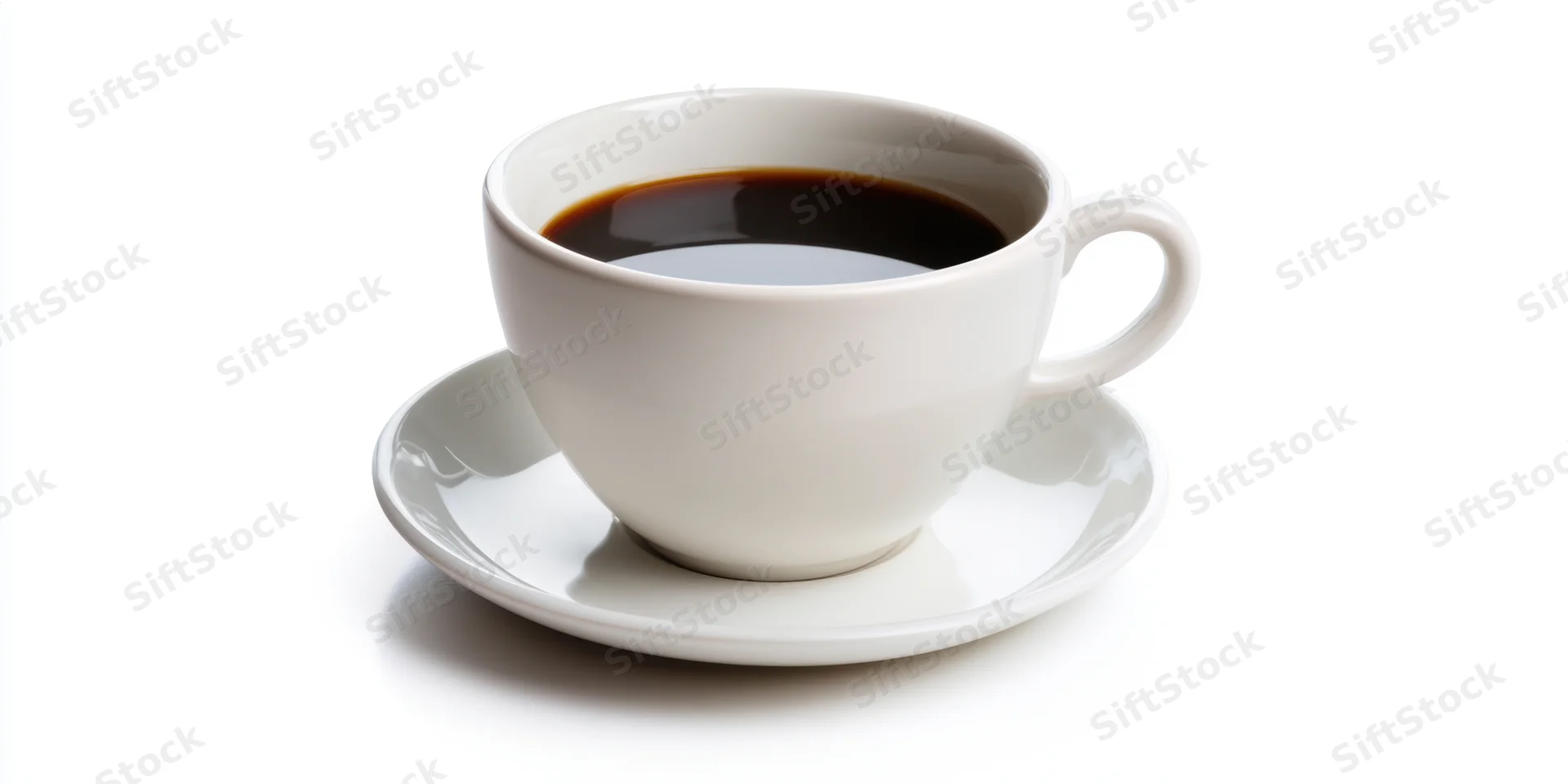 White ceramic coffee cup filled with dark coffee on matching saucer against white background