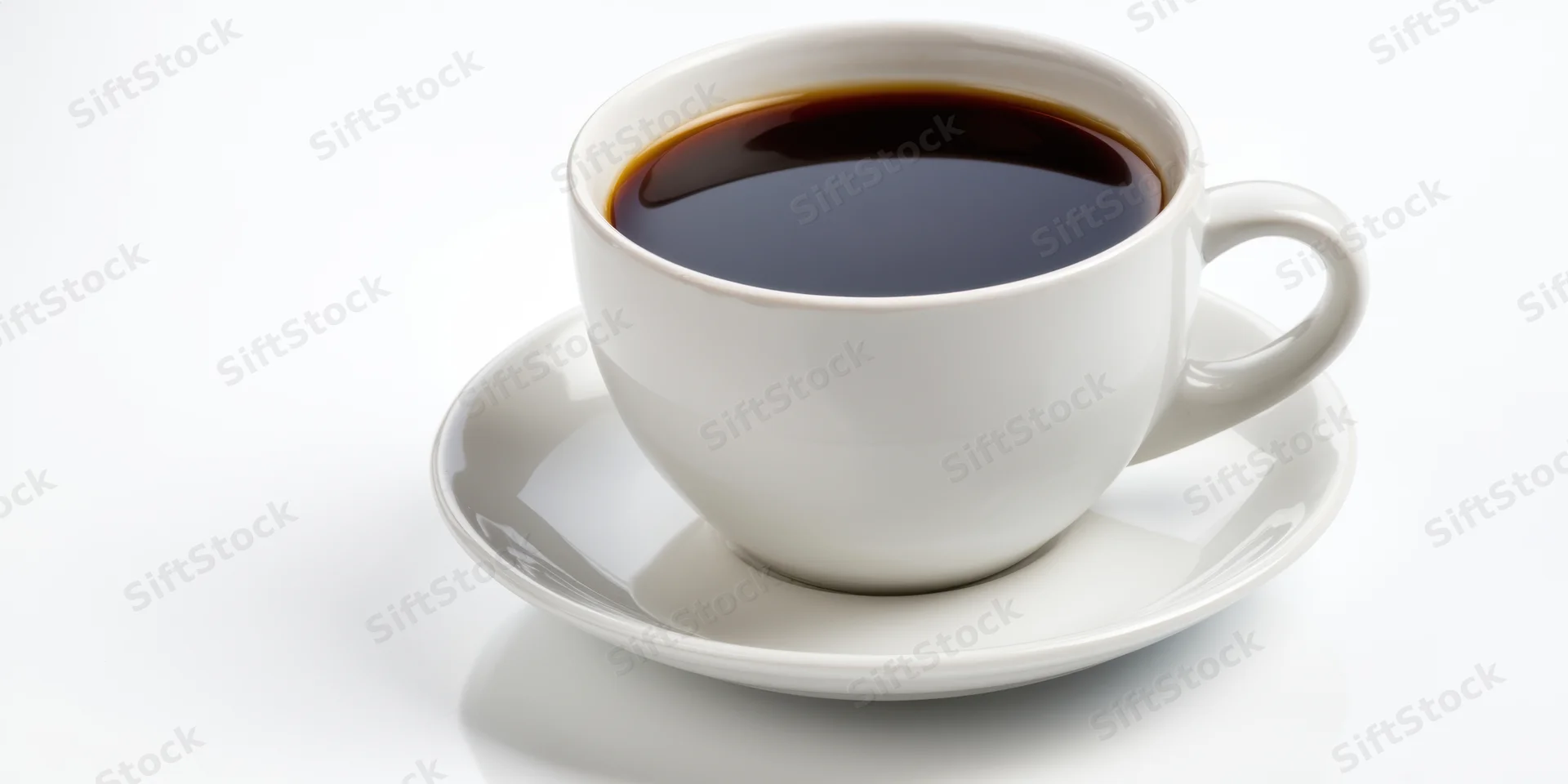 White ceramic coffee cup filled with black coffee on matching saucer against plain white background